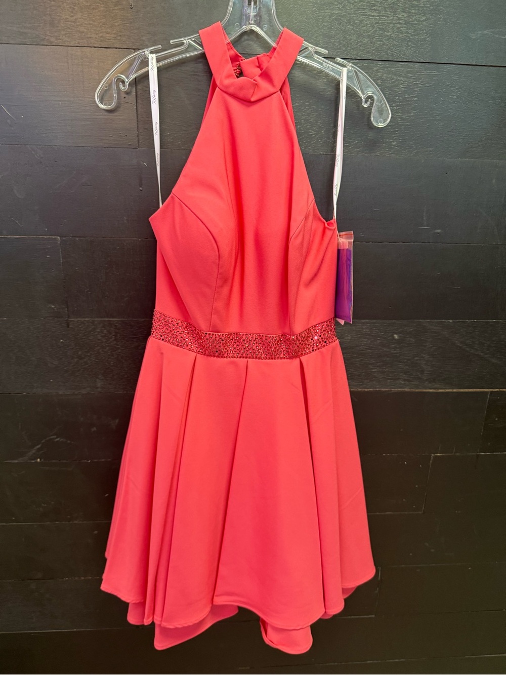 Christina Wu Coral-Red Halter Fit-and-Flare Dress with Beaded Waist